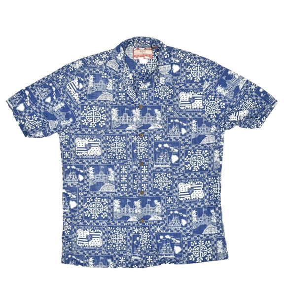 Vintage RJC Blue Hawaiian Shirt Regular Size M Made in Hawaii USA Short Sleeve - Picture 1 of 8